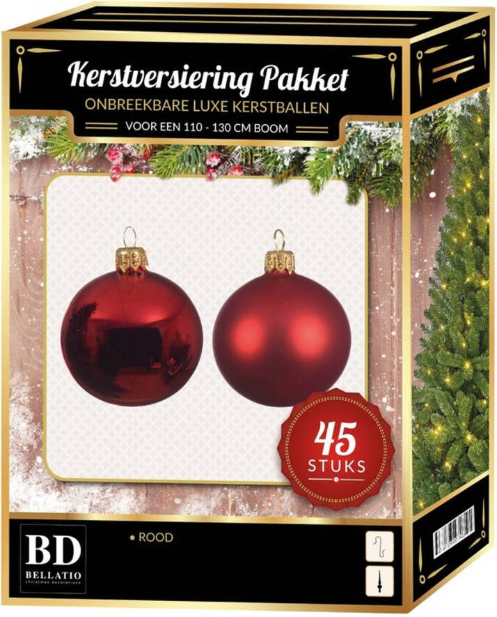 Bellatio Decorations Kerstbal en ster piek set 45x kerst rood voor 120 cm boom Kerstbal