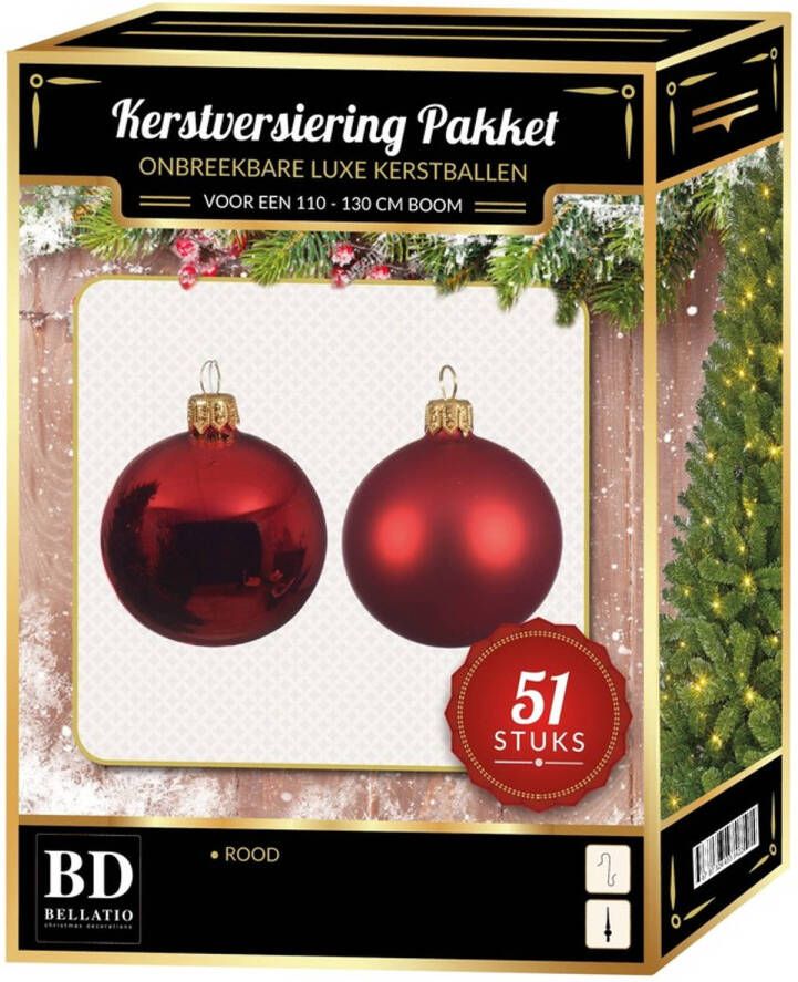 Bellatio Decorations Kerstbal en ster piek set 51x kerst rood voor 120 cm boom Kerstbal