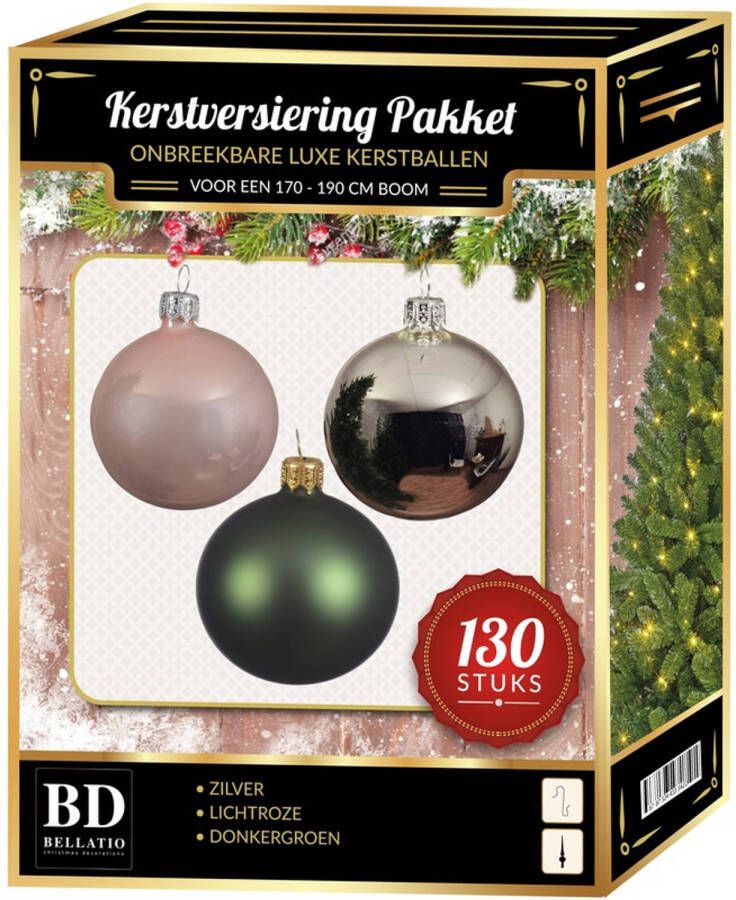 Bellatio Decorations Zilveren donkergroene lichtroze kerstballen pakket 130-delig voor 180 cm boom Kerstbal
