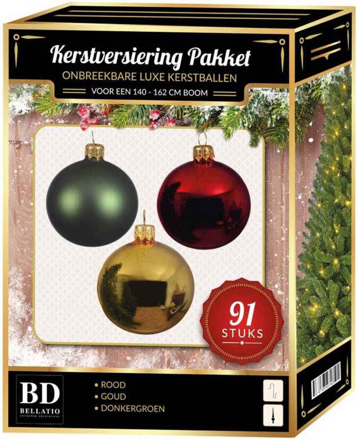 Bellatio Decorations Kerstbal en piek set 91x goud-donkergroen-rood voor 150 cm boom Kerstbal