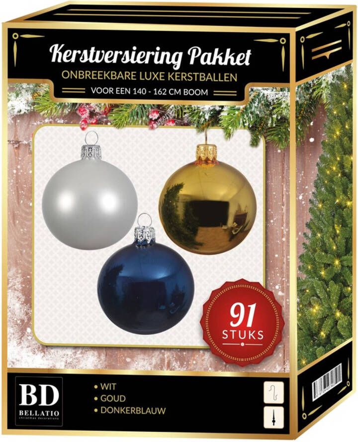 Bellatio Decorations Gouden witte donkerblauwe kerstballen pakket 91-delig voor 150 cm boom Kerstbal