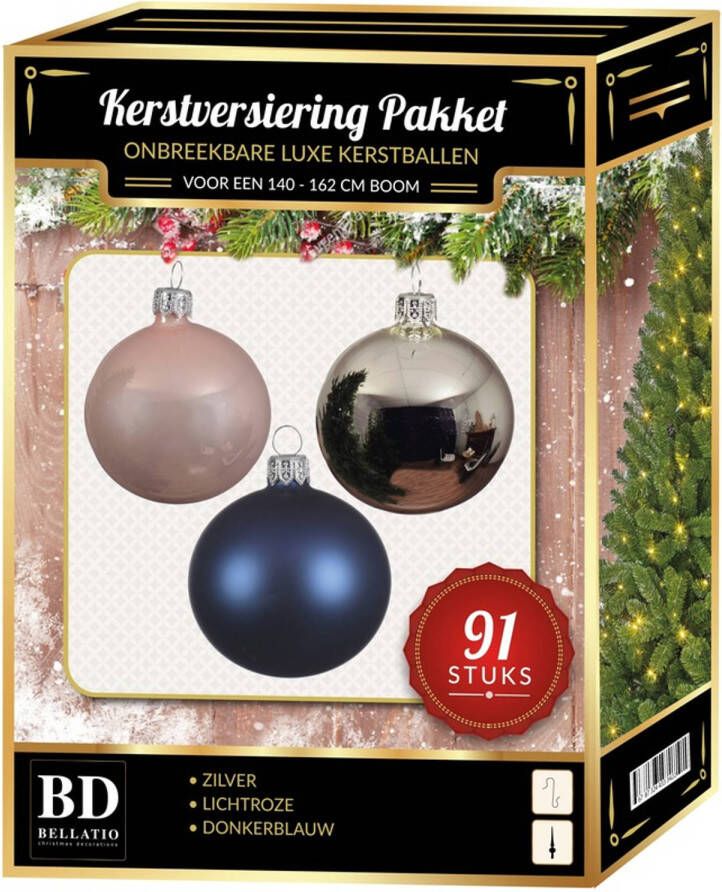 Bellatio Decorations Zilveren lichtroze donkerblauwe kerstballen pakket 91-delig voor 150 cm boom Kerstbal