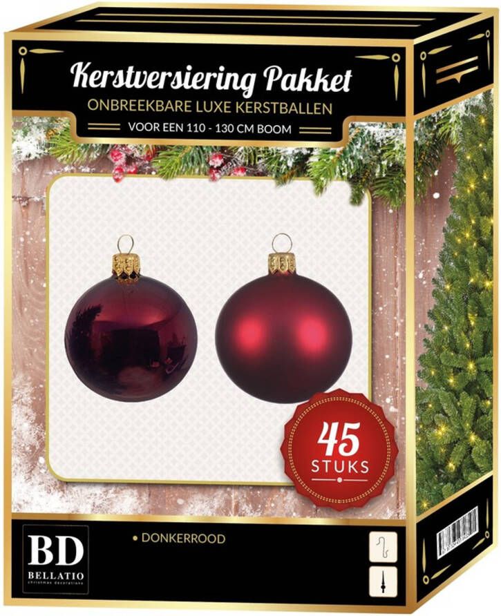 Bellatio Decorations Kerstbal en ster piek set 45x donkerrood voor 120 cm boom Kerstbal