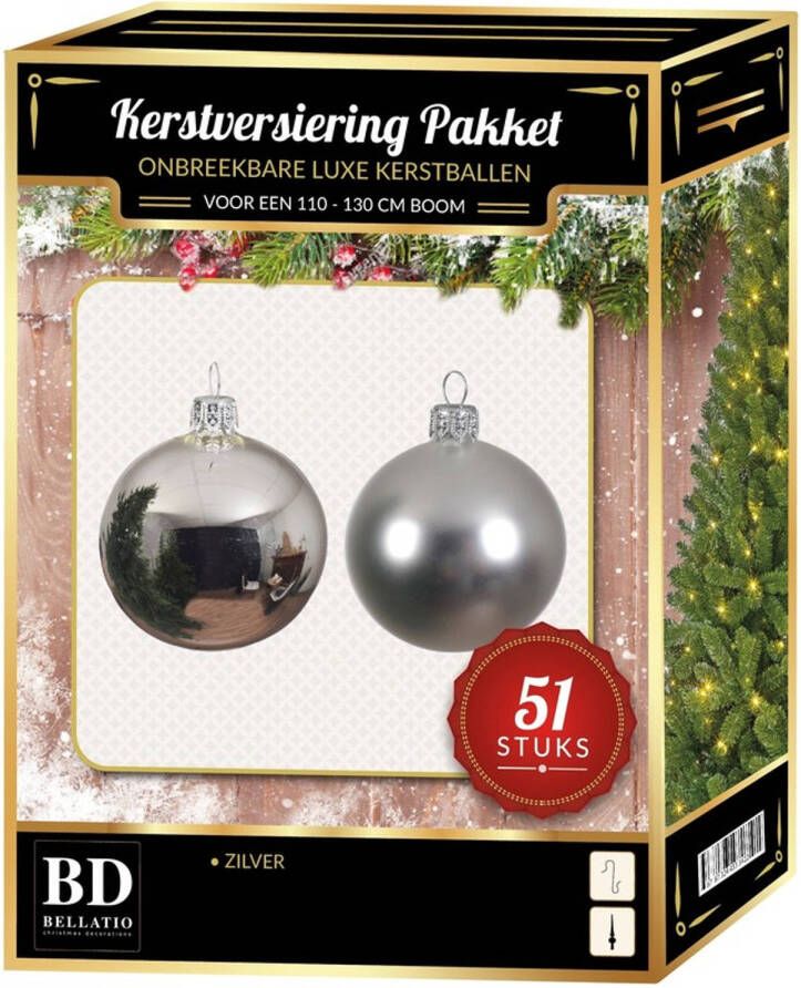 Bellatio Decorations Kerstbal en ster piek set 51x zilver voor 120 cm boom Kerstbal