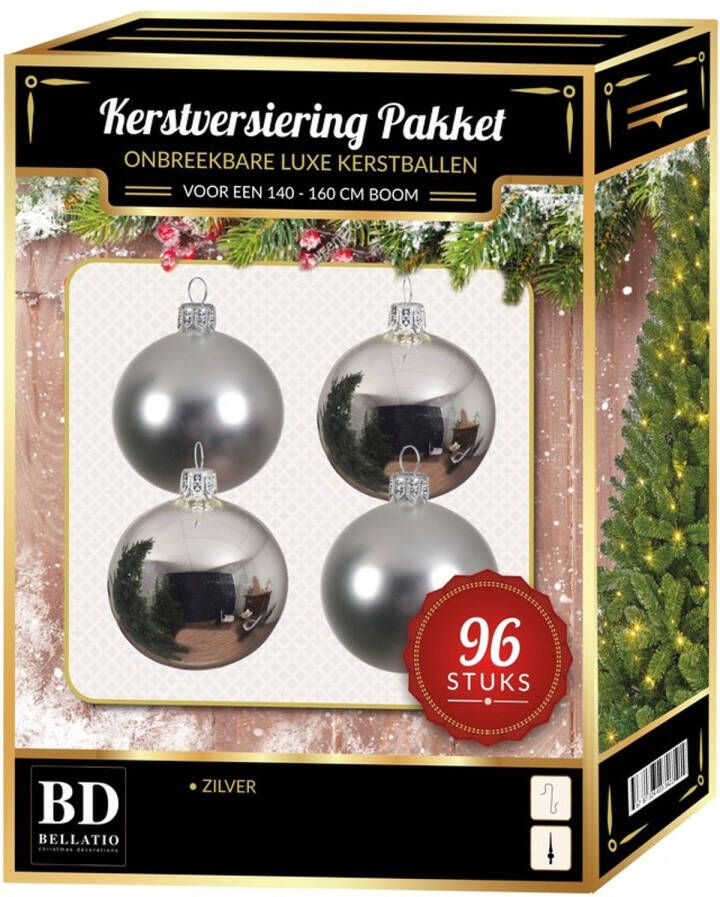 Bellatio Decorations Kerstbal en ster piek set 96x zilver voor 180 cm boom Kerstbal