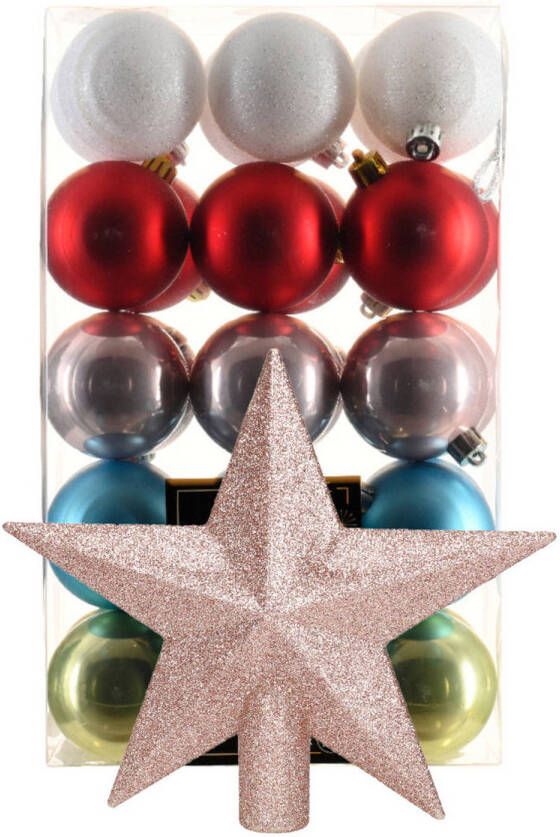Bellatio Decorations Kerstballen 30 st gekleurd 6 cm met ster piek lichtroze kunststof Kerstbal