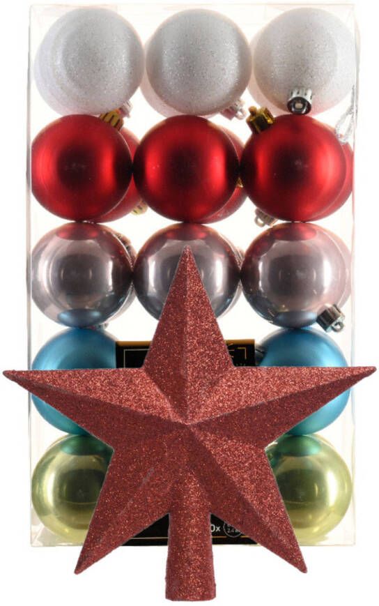 Bellatio Decorations Kerstballen 30 st gekleurd 6 cm met ster piek rood kunststof Kerstbal