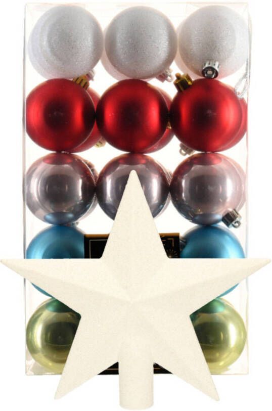 Bellatio Decorations Kerstballen 30 st gekleurd 6 cm met ster piek wit kunststof Kerstbal