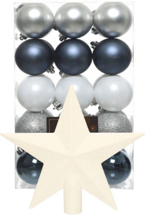 Bellatio Decorations Kerstballen 30x 6 cm met ster piek blauw wit zilver -kunststof Kerstbal