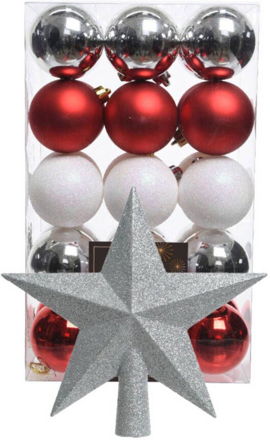 Bellatio Decorations Kerstballen 30x -6cm -en ster piek -parelmoer wit rood zilver-kunststof Kerstbal