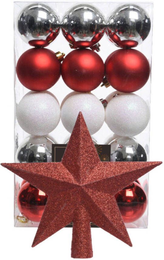 Bellatio Decorations Kerstballen 30x -6cm -en ster piek -parelmoer wit rood zilver-kunststof Kerstbal