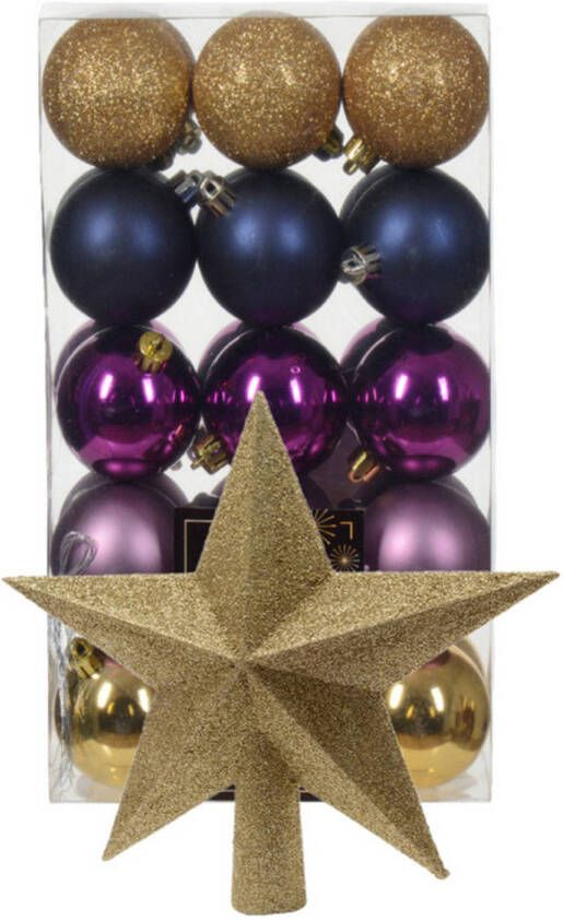 Bellatio Decorations Kerstballen 30x goud blauw paars- 6 cm -en ster piek goud kunststof Kerstbal