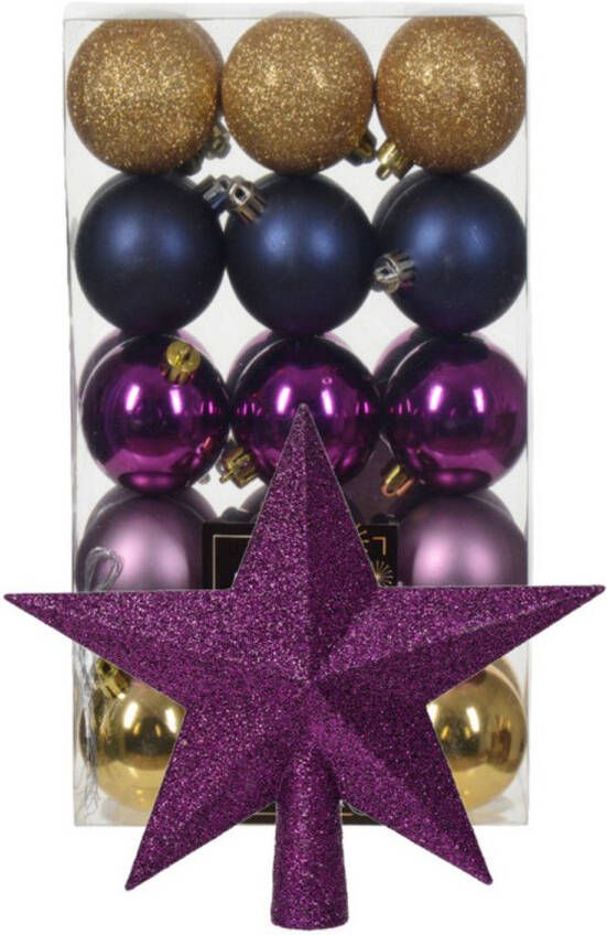 Bellatio Decorations Kerstballen 30x goud blauw paars- 6 cm -en ster piek paars- kunststof Kerstbal