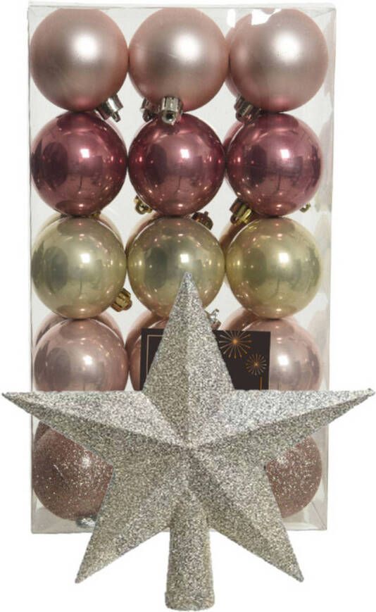 Bellatio Decorations Kerstballen 30x roze champagne- 6cm -en ster piek champagne- kunststof Kerstbal