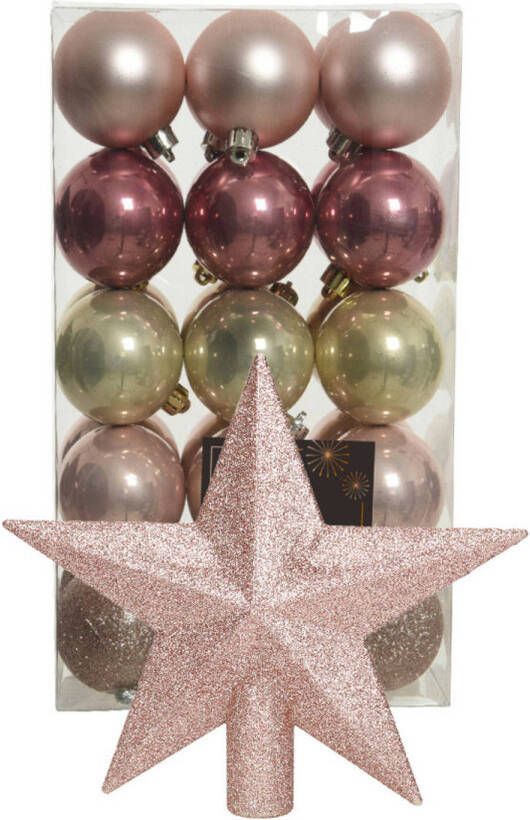 Bellatio Decorations Kerstballen 30x roze champagne- 6cm -en ster piek lichtroze- kunststof Kerstbal