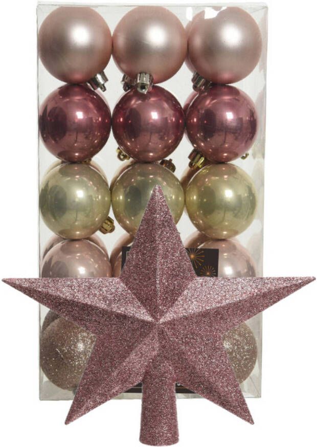 Bellatio Decorations Kerstballen 30x roze champagne- 6cm -en ster piek oudroze- kunststof Kerstbal