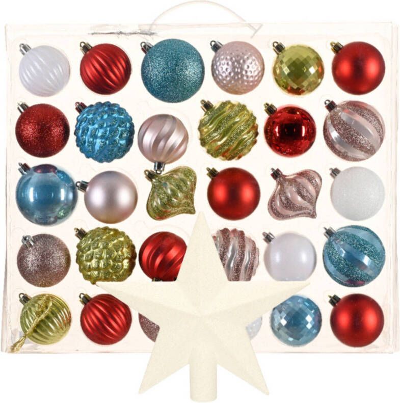 Bellatio Decorations Kerstballen 30x st gekleurd 6 cm met ster piek wit kunststof Kerstbal
