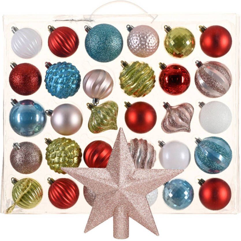 Bellatio Decorations Kerstballen 30x st gekleurd 7 cm met ster piek lichtroze kunststof Kerstbal