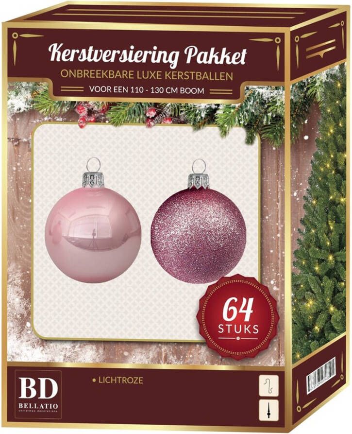 Bellatio Decorations Lichtroze mix tinten kerstballen pakket 64-delig voor 120 cm boom Kerstbal