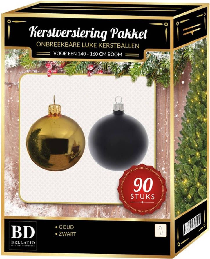 Bellatio Decorations Kerstballen set kunststof 90-delig voor 150 cm boom goud zwart Kerstbal