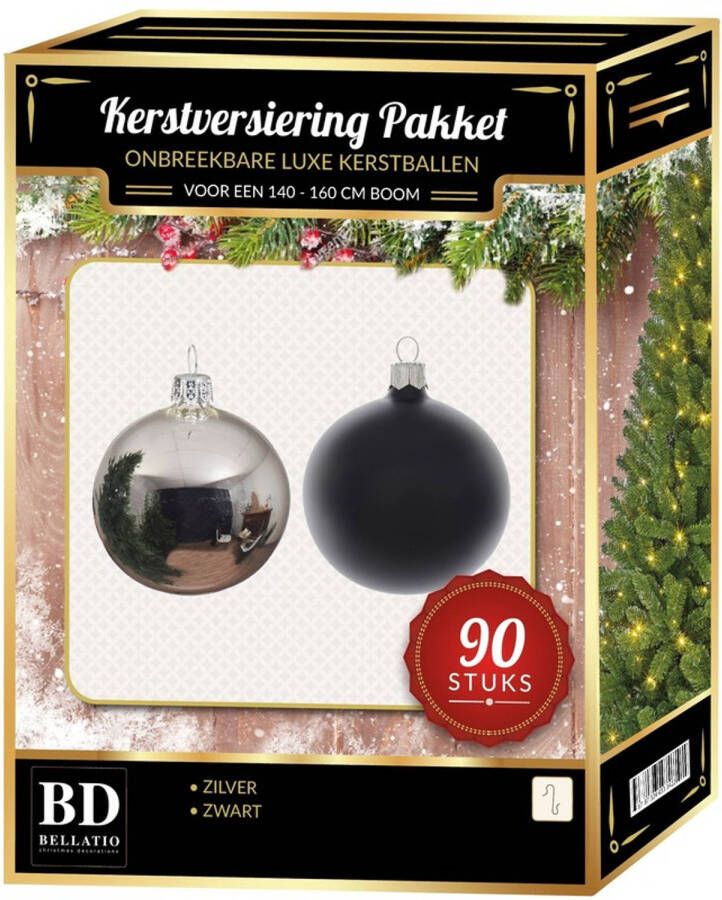 Bellatio Decorations Kerstballen set kunststof 90-delig voor 150 cm boom zilver zwart Kerstbal
