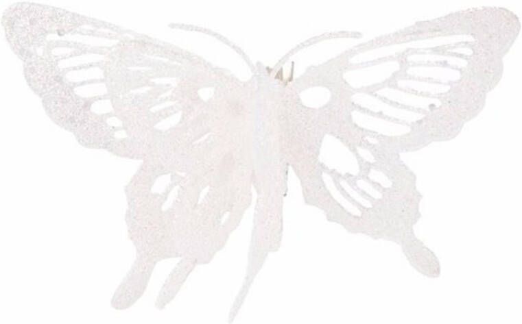 Bellatio Decorations Kerstboomversiering witte glitter vlinder op clip 15 cm