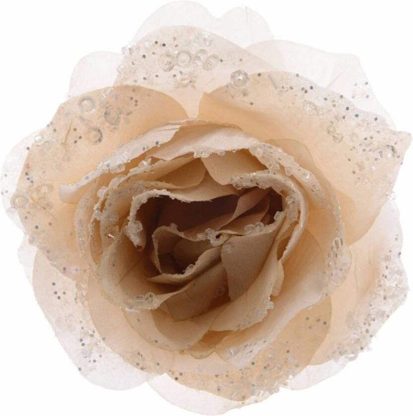Decoris Kerstdecoratie bloemen roos creme op clip 14 cm Kersthangers