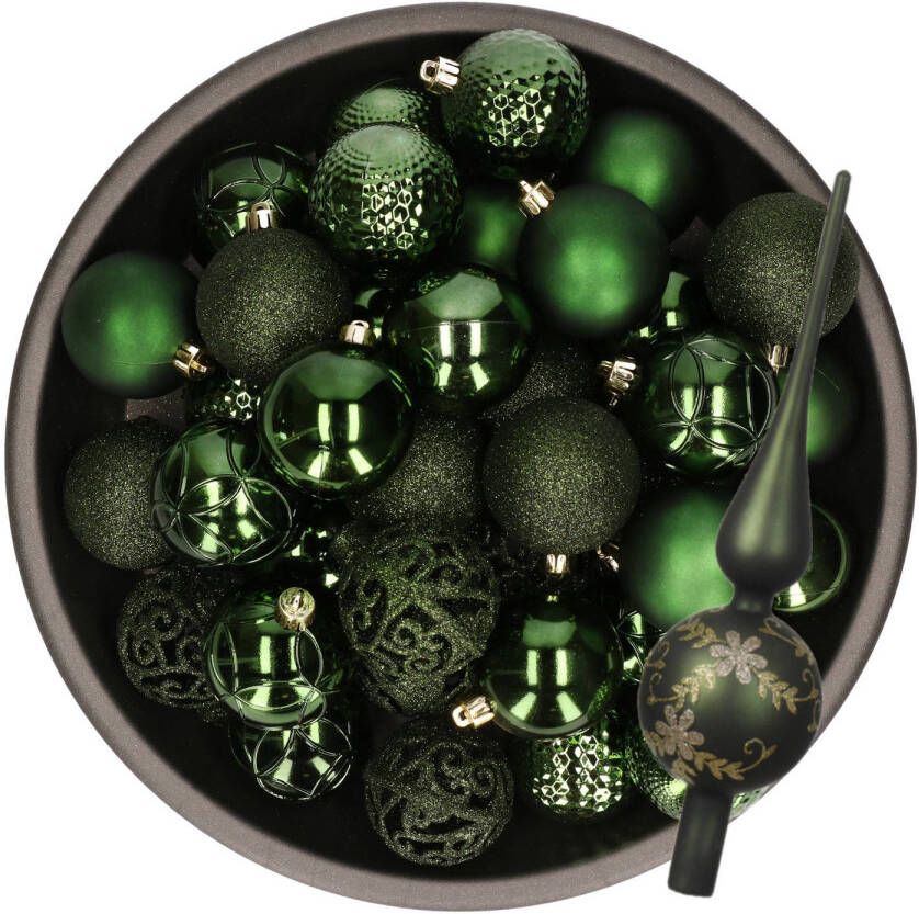 Bellatio Decorations Kerstversiering- 38-dlg- donkergroen -kunststof kerstballen en glas piek Kerstbal