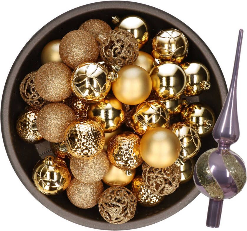 Bellatio Decorations Kerstversiering- 38-dlg- goud -kunststof kerstballen en glas piek Kerstbal