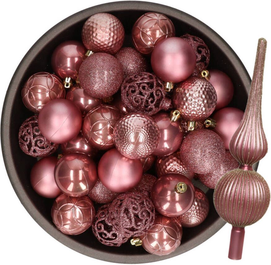Bellatio Decorations Kerstversiering- 38-dlg- oudroze -kunststof kerstballen en glas piek Kerstbal