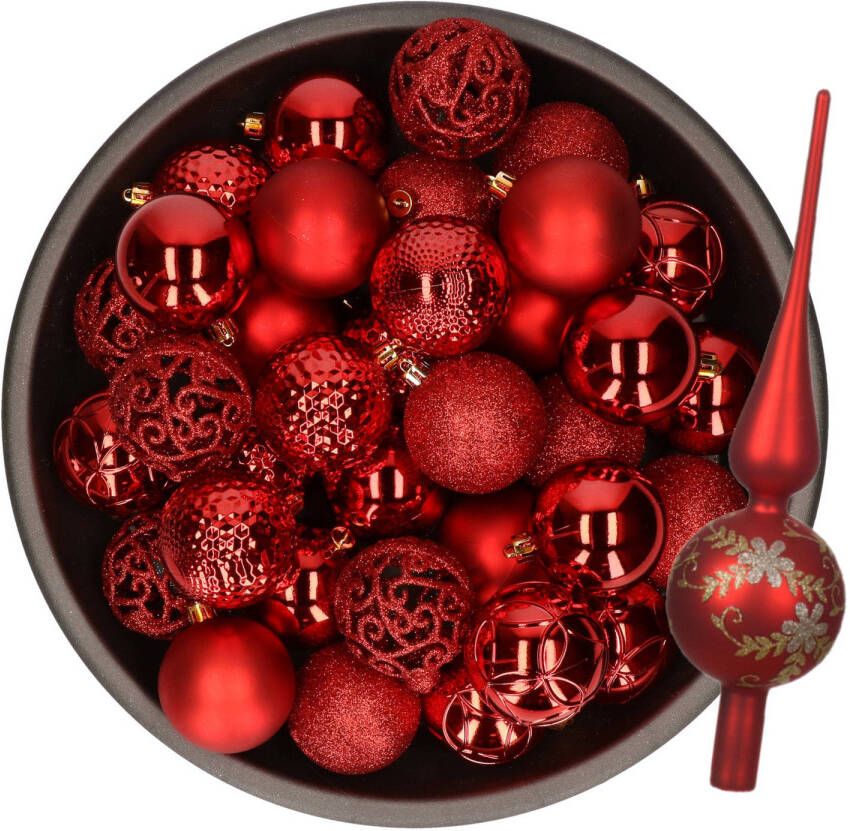 Bellatio Decorations Kerstversiering- 38-dlg- rood -kunststof kerstballen en glas piek Kerstbal