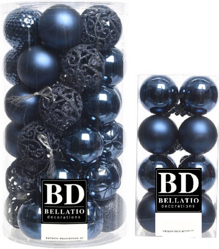 Bellatio Decorations Kerstversiering kunststof kerstballen donkerblauw 4-6 cm pakket van 53x stuks Kerstbal