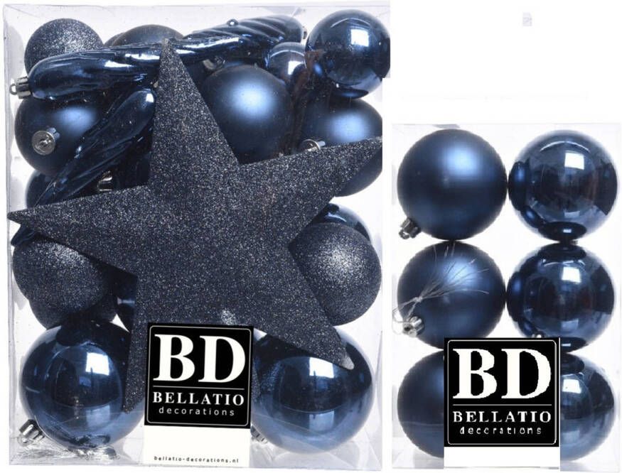 Bellatio Decorations Kerstversiering kunststof kerstballen met piek donkerblauw 5-6-8 cm pakket van 45x stuks Kerstbal
