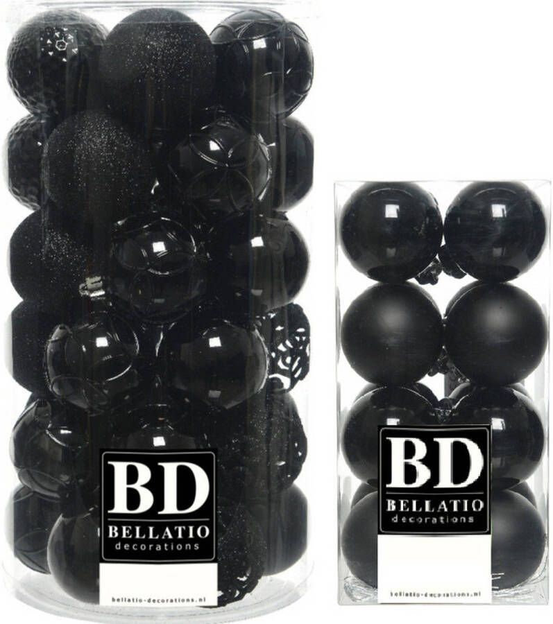 Bellatio Decorations Kerstversiering kunststof kerstballen zwart 4-6 cm pakket van 53x stuks Kerstbal