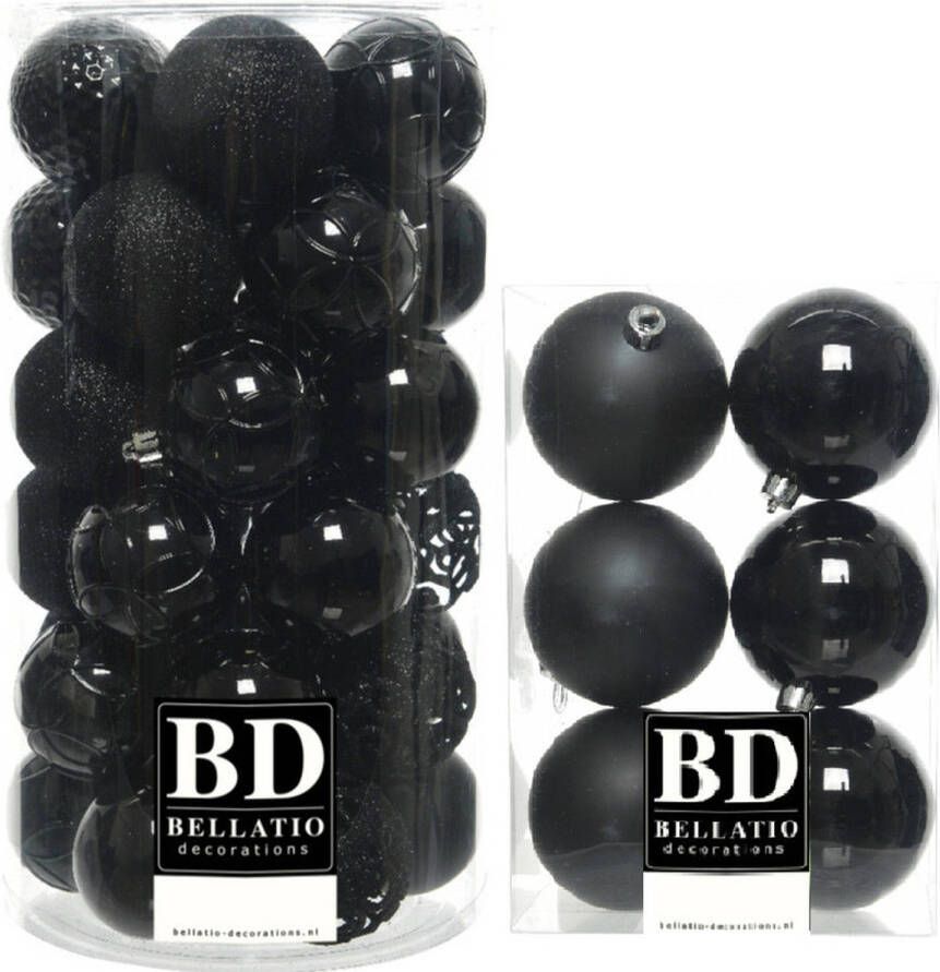 Bellatio Decorations Kerstversiering kunststof kerstballen zwart 6-8 cm pakket van 49x stuks Kerstbal