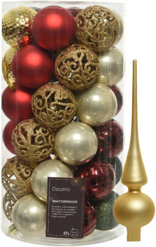 Bellatio Decorations Kunststof kerstballen 37x- rood goud parel groen 6cm -en glazen piek Kerstbal