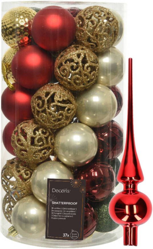 Bellatio Decorations Kunststof kerstballen 37x- rood goud parel groen 6cm -en glazen piek Kerstbal