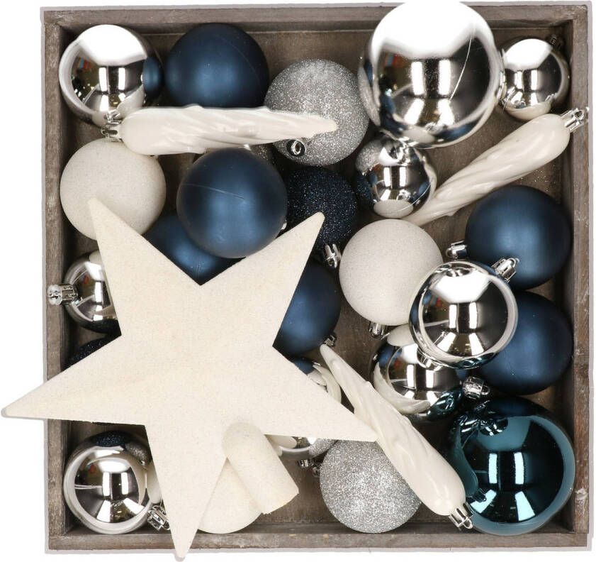 Bellatio Decorations Kunststof kerstballen 45x stuks met ster piek blauw wit zilver Kerstbal