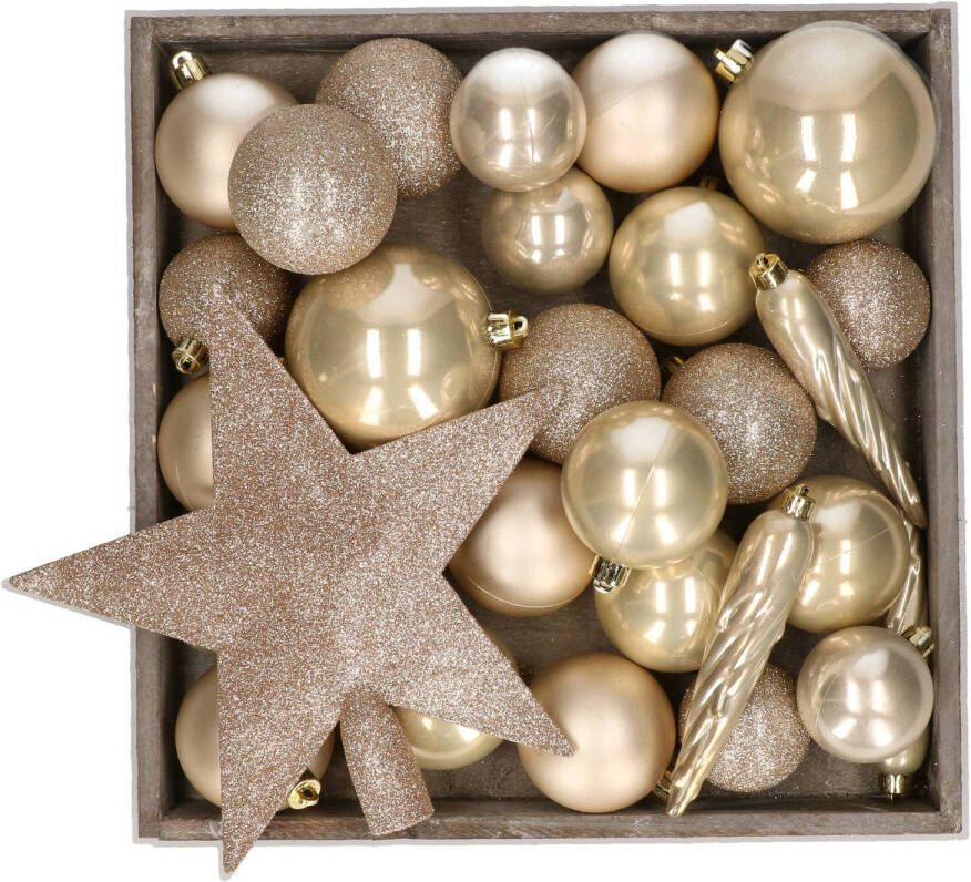 Bellatio Decorations Kunststof kerstballen 45x stuks met ster piek champagne Kerstbal