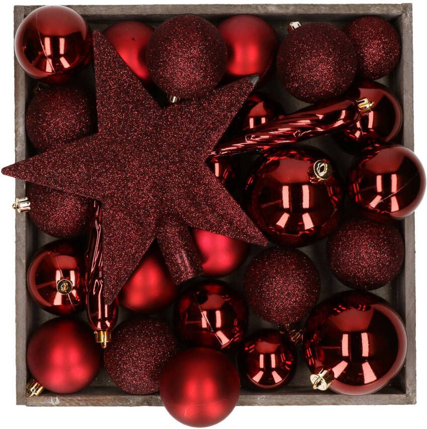 Bellatio Decorations Kunststof kerstballen 45x stuks met ster piek donkerrood Kerstbal