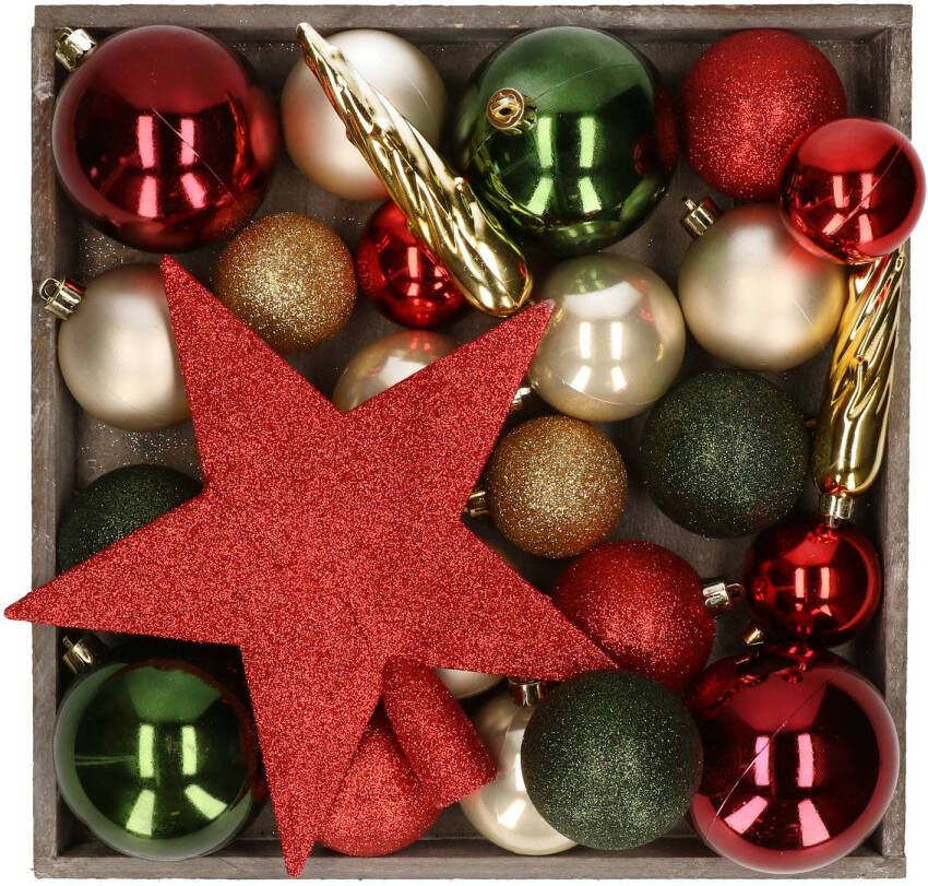 Bellatio Decorations Kunststof kerstballen 45x stuks met ster piek groen creme rood Kerstbal