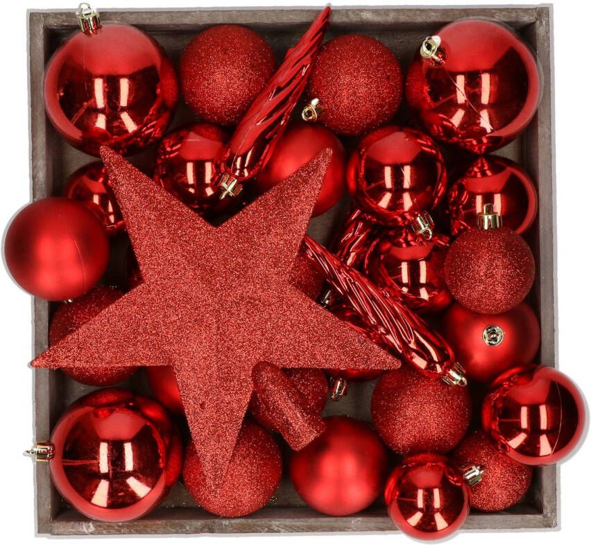 Bellatio Decorations Kunststof kerstballen 45x stuks met ster piek rood Kerstbal