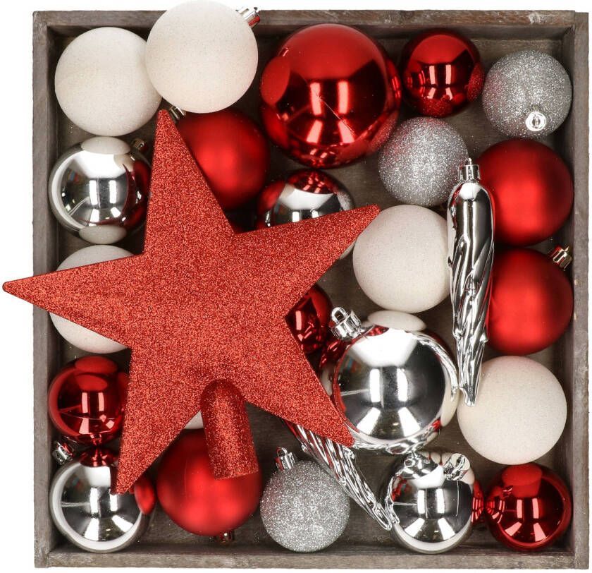 Bellatio Decorations Kunststof kerstballen 45x stuks met ster piek rood wit zilver Kerstbal