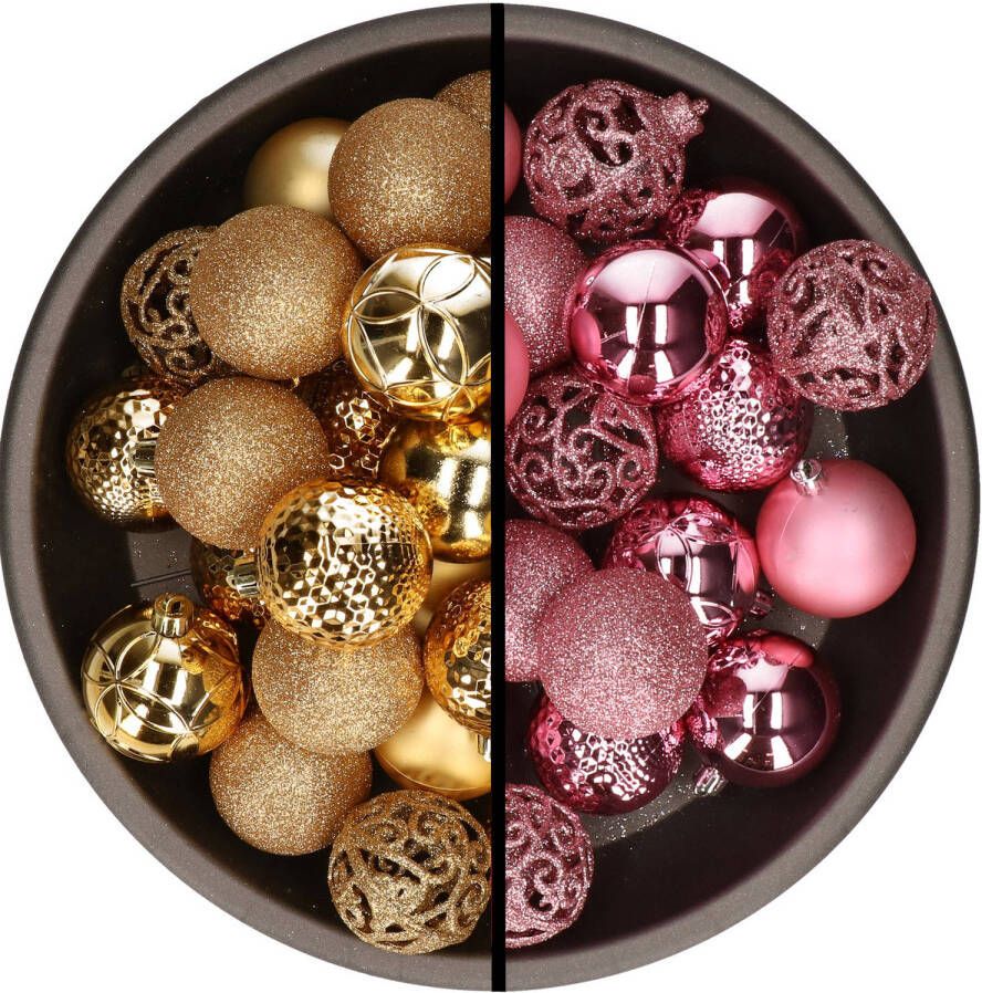 Bellatio Decorations Kunststof kerstballen 74x stuks goud en roze 6 cm Kerstbal
