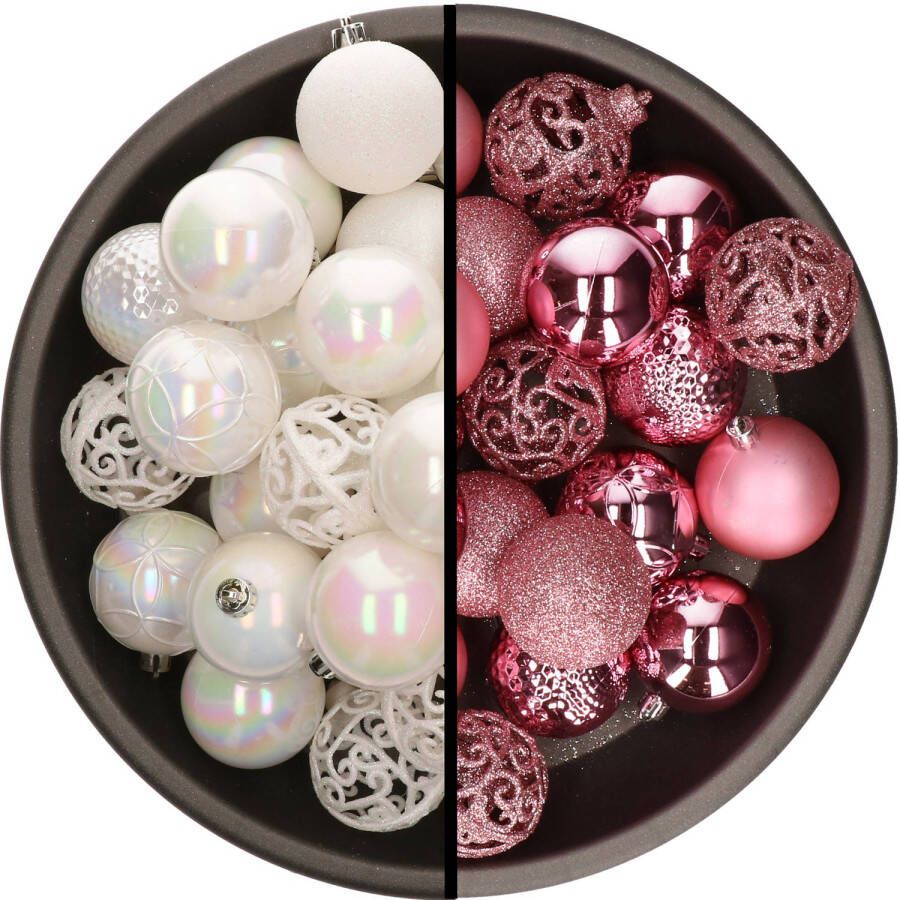 Bellatio Decorations Kunststof kerstballen 74x stuks parelmoer wit en roze 6 cm Kerstbal