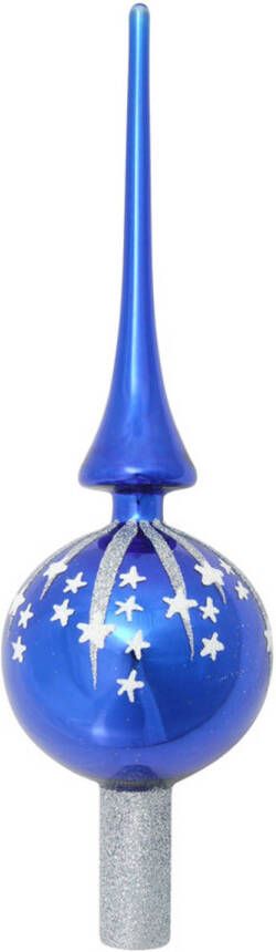 Bellatio Decorations Luxe blauwe glazen piek met zilveren glitter sterren 28 cm kerstboompieken