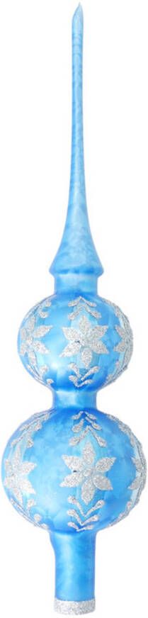 Bellatio Decorations Luxe blauwe piek met glitter ijsbloemen 30 cm kerstpieken Kerstboompieken kerstpieken Glazen pieken deluxe