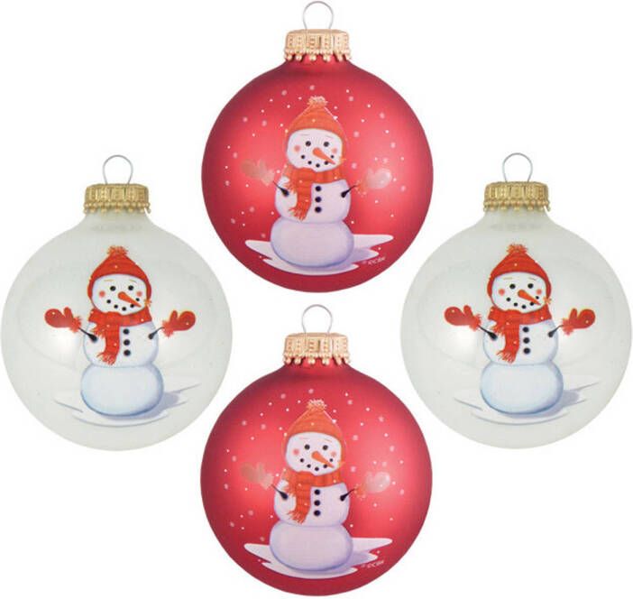 Bellatio Decorations 4x Stuks Luxe Glazen Kerstballen 7 Cm Wit En Rood Met Sneeuwpop Kerstbal