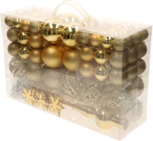 Bellatio Decorations Pakket Met 110x Stuks Kunststof Kerstballen ornamenten Met Piek Goud Kerstbal