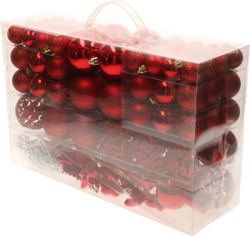 Bellatio Decorations Pakket met 110x stuks kunststof kerstballen ornamenten met piek rood Kerstbal